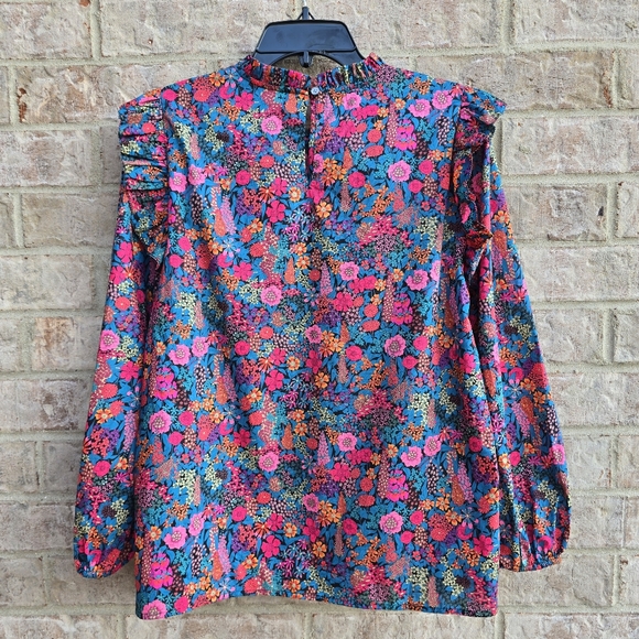 J. Crew Liberty Ciara Ruffleneck Flutter Sleeve Floral Top Pleated Pink Small - Picture 12 of 13